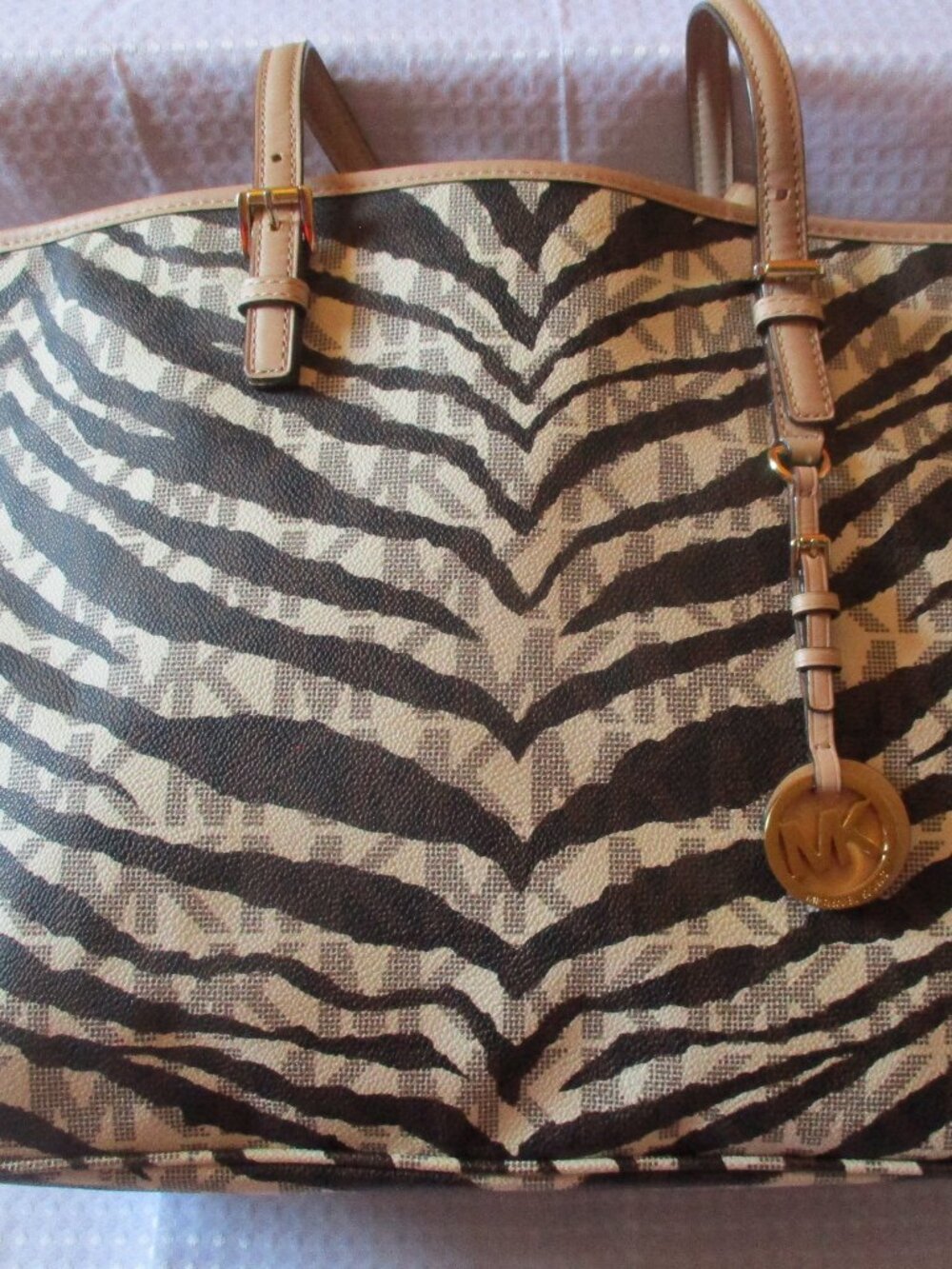 Michael Kors Jet Set Brown & Tan Zebra Striped Travel Tote w/Multiple Pockets